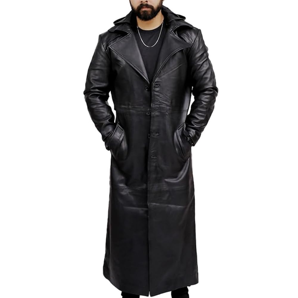 Real Leather Trench Coat Black Long Coat Duster Overcoat